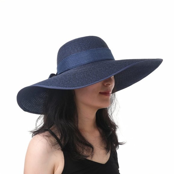 𝅺Wide Brim Straw Hat Navy Blue - Picture 2 of 7